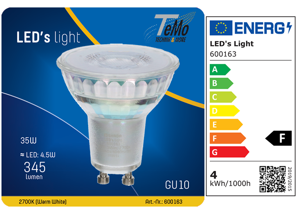 1 STÜCK (VPE) SHADA LED Spot GU10 380lm 4W, Warmweiss 2700K, MR16 klar, EEC: F (600163)